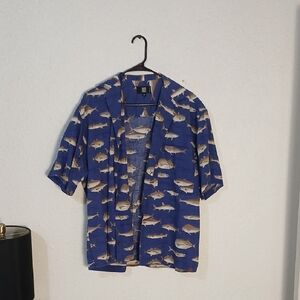 Men's Blue Fish Print Casual Button Down Shirt